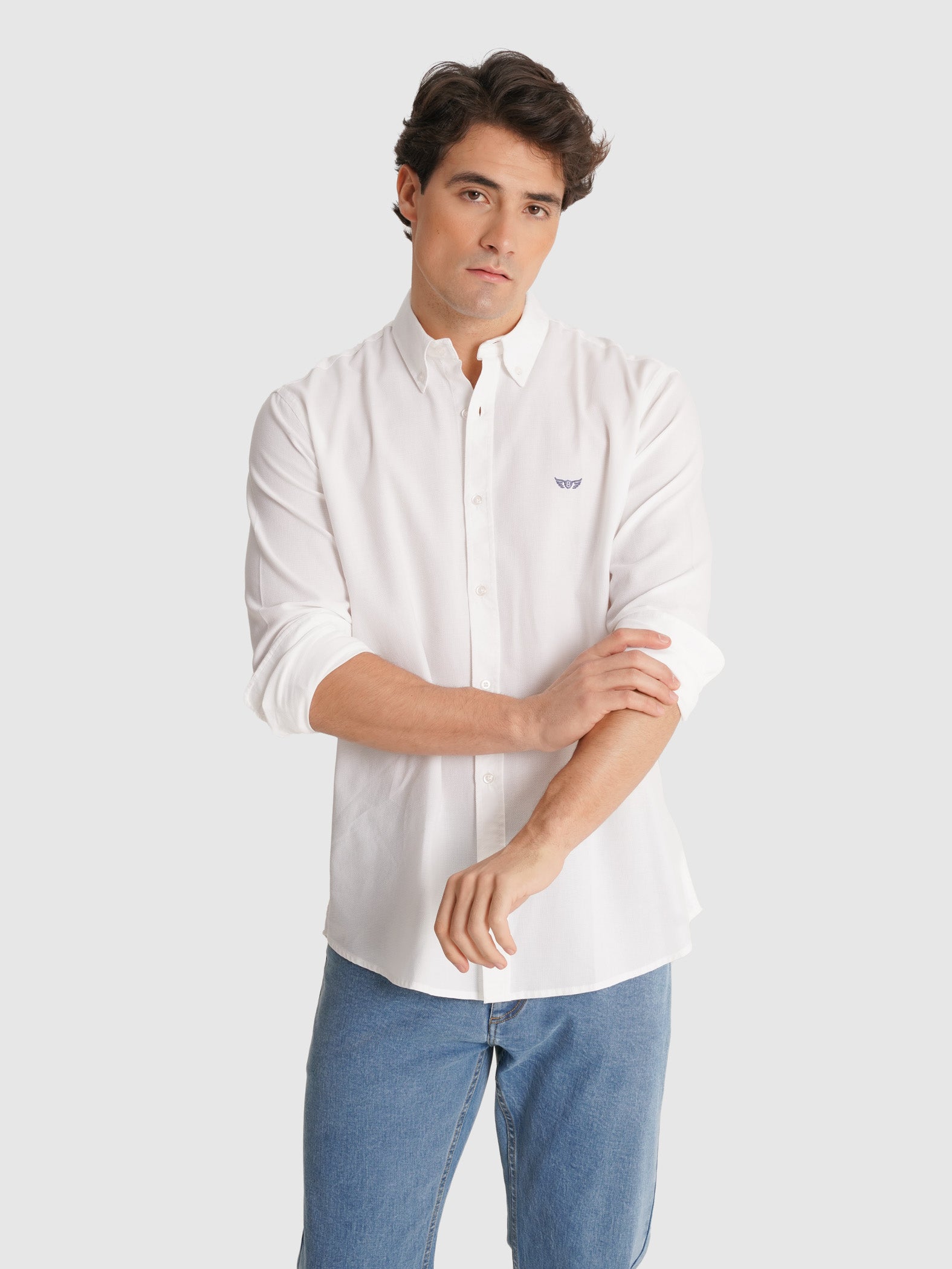 CAMISA DOBBY BRANCA MANGA COMPRIDA REGULAR FIT MR. BLUE