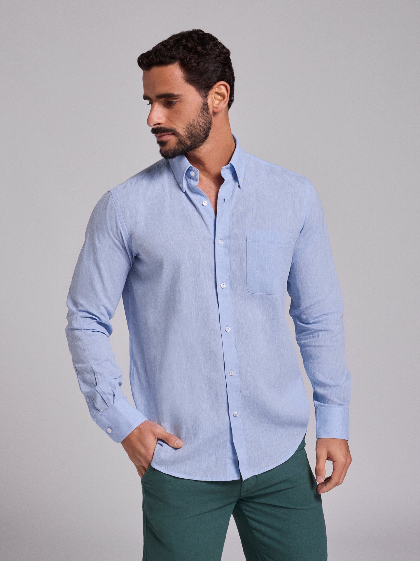 CAMISA LINHO AZUL MANGA COMPRIDA REGULAR FIT MR. BLUE