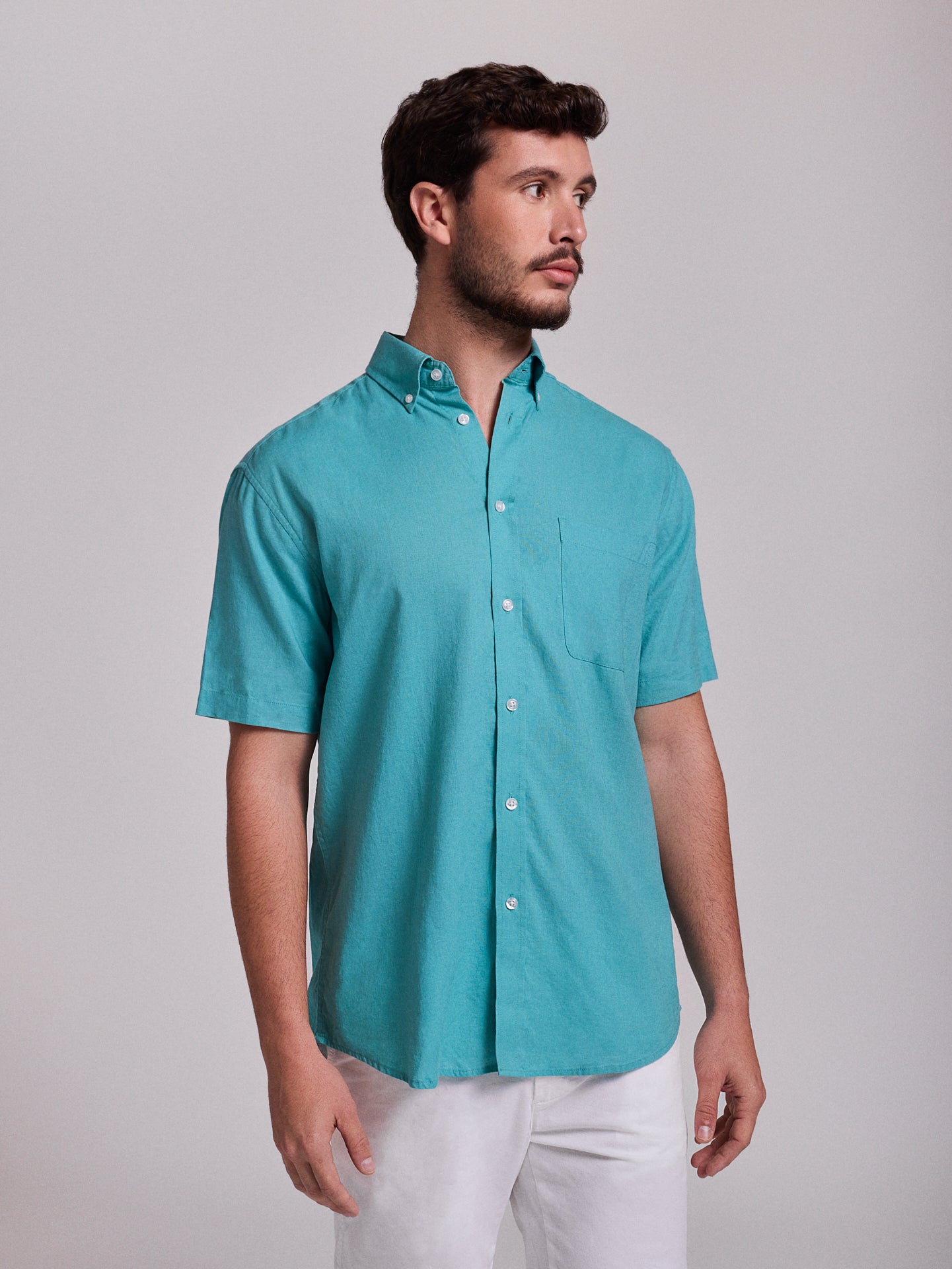 CAMISA LINHO AZUL MANGA CURTA REGULAR FIT MR. BLUE