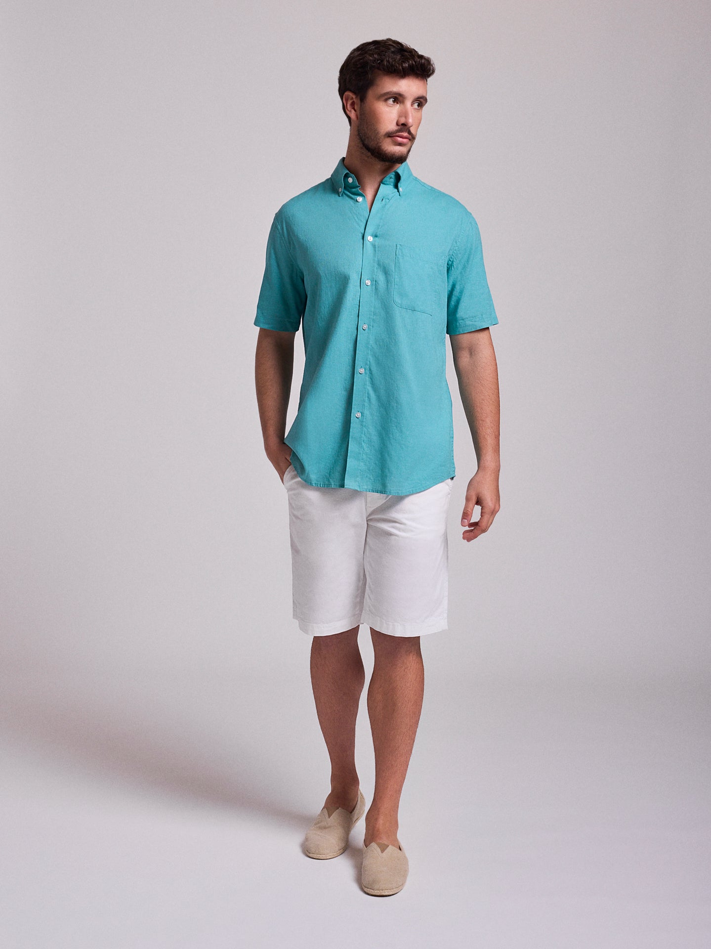 CAMISA LINHO AZUL MANGA CURTA REGULAR FIT MR. BLUE