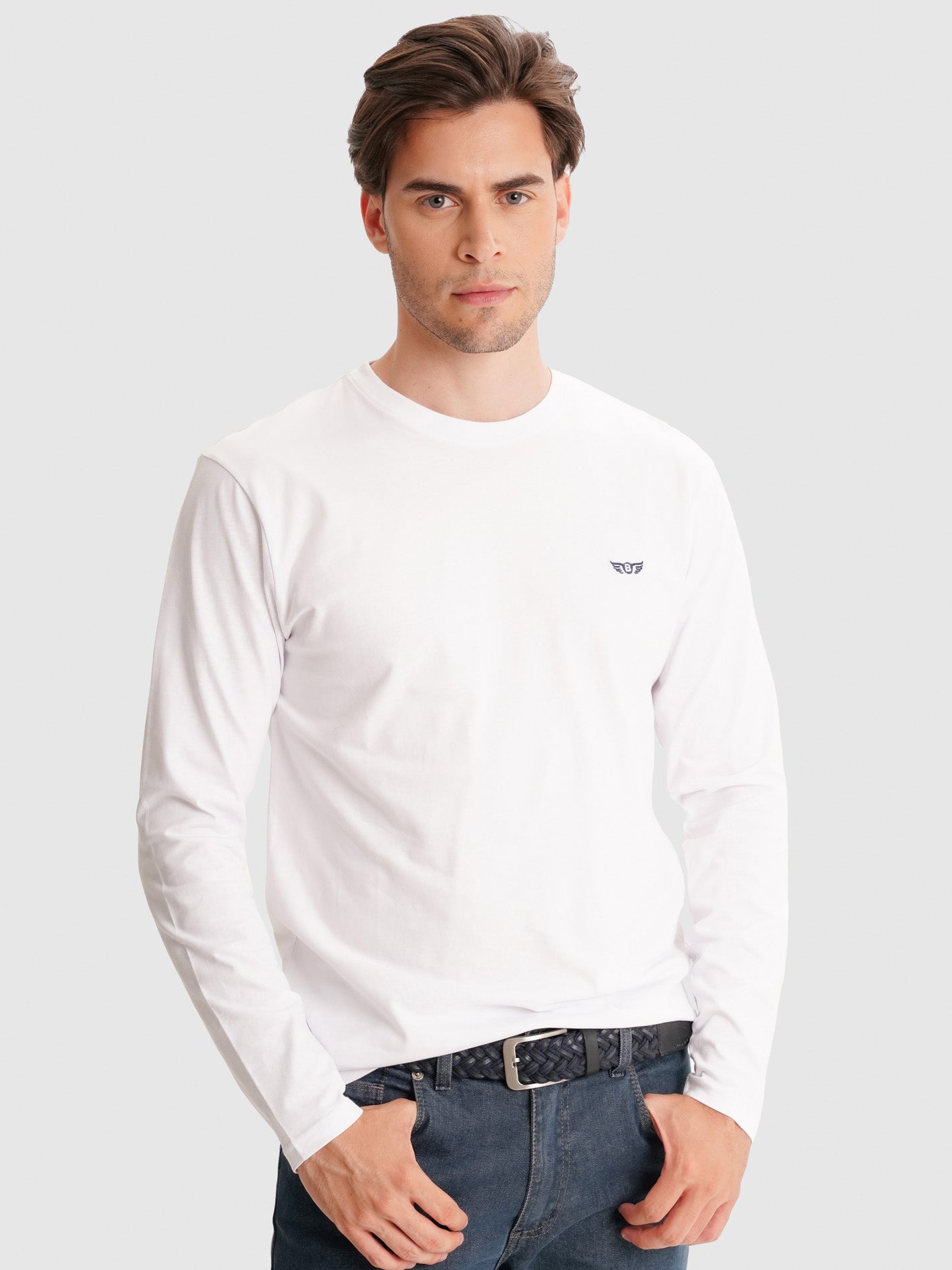 T-SHIRT ALGODÃO BRANCA MANGA COMPRIDA REGULAR FIT MR. BLUE