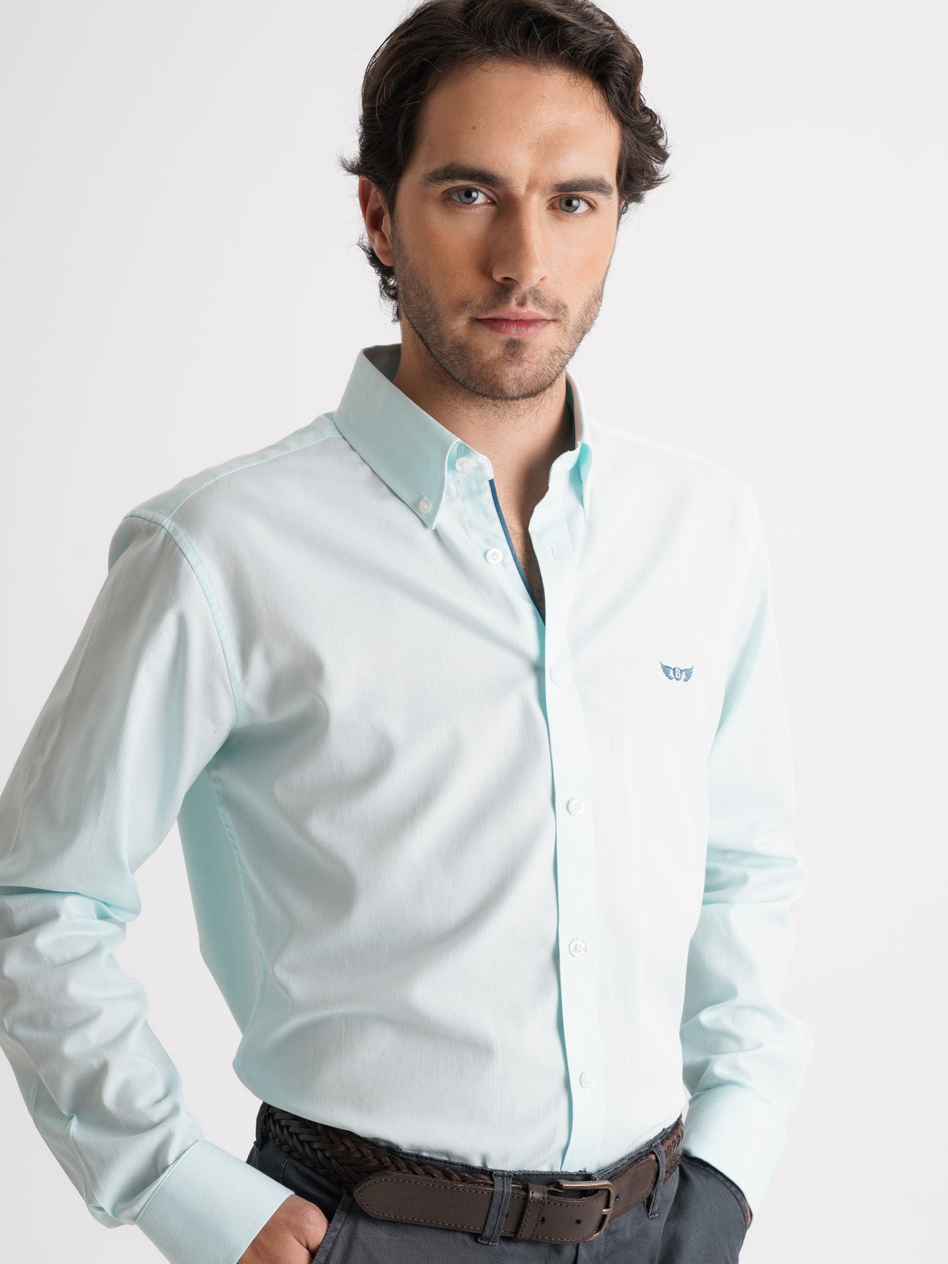 Camisa Regular Fit Herringbone Azul Mr. Blue