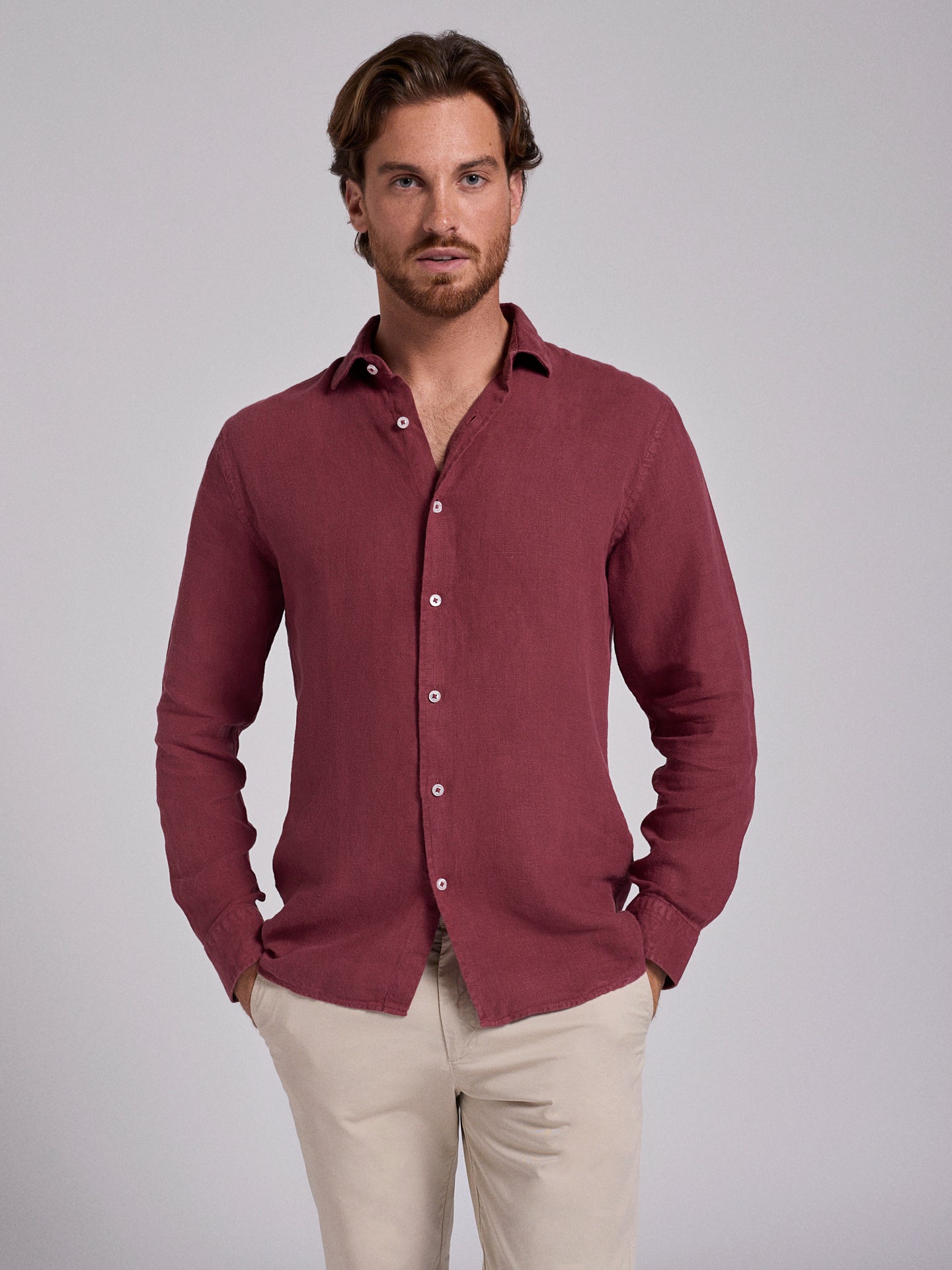 Bordeaux Linen Shirt Long Sleeve Tailored Fit S - Main Image