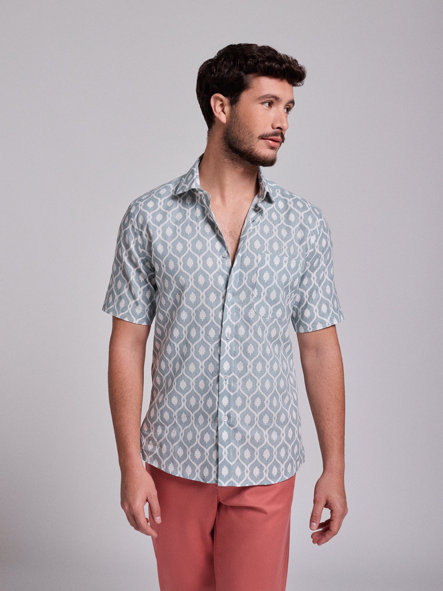 CAMISA LINHO AZUL MANGA CURTA REGULAR FIT MR. BLUE