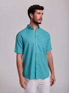 CAMISA LINHO AZUL MANGA CURTA REGULAR FIT MR. BLUE