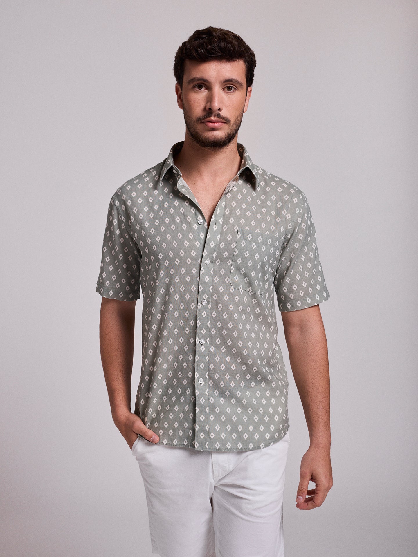 Camisa Linho Verde Manga Curta Regular Fit Mr. Blue