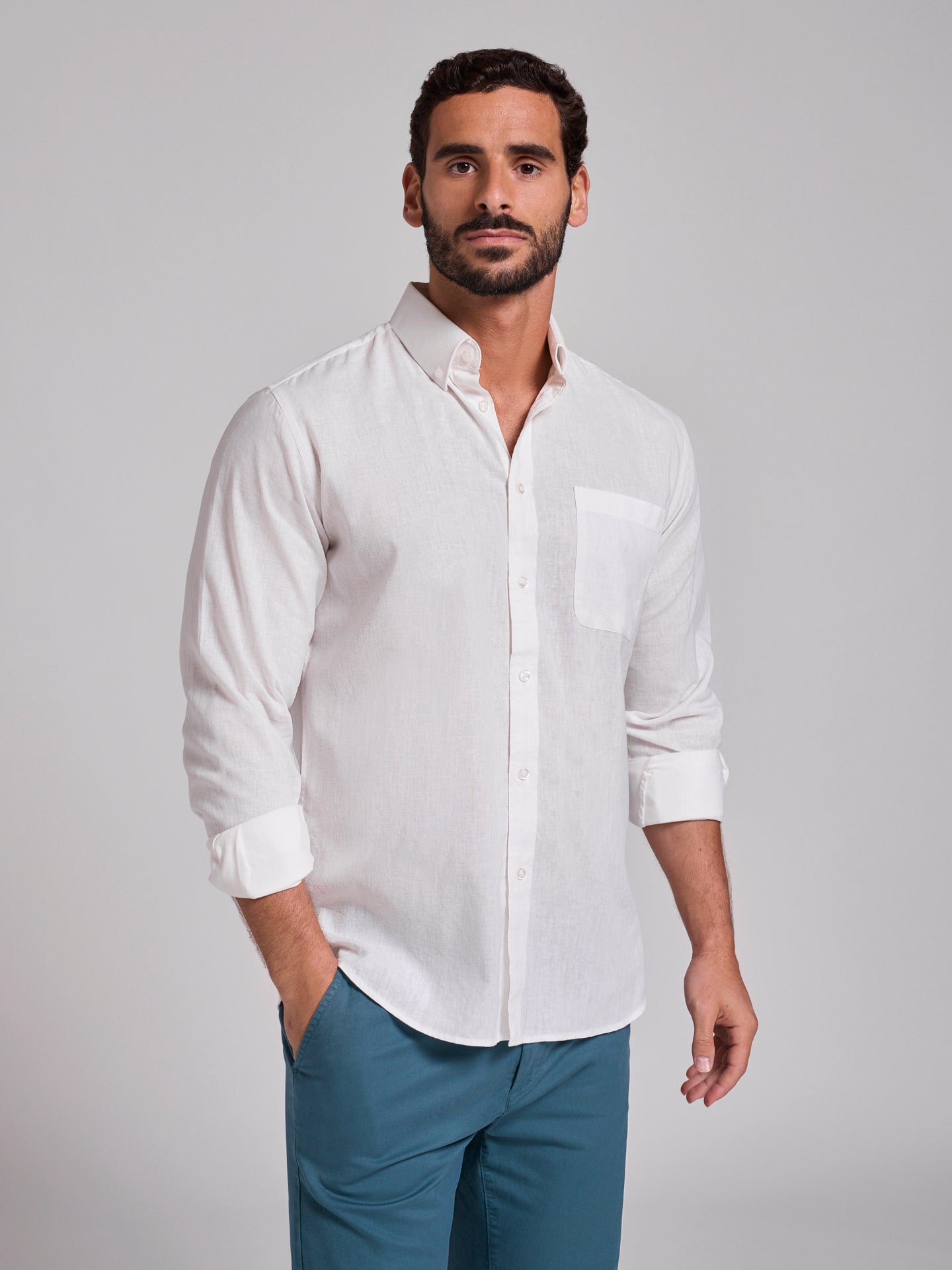 Camisa Linho Branca Manga Comprida Regular Fit Mr. Blue