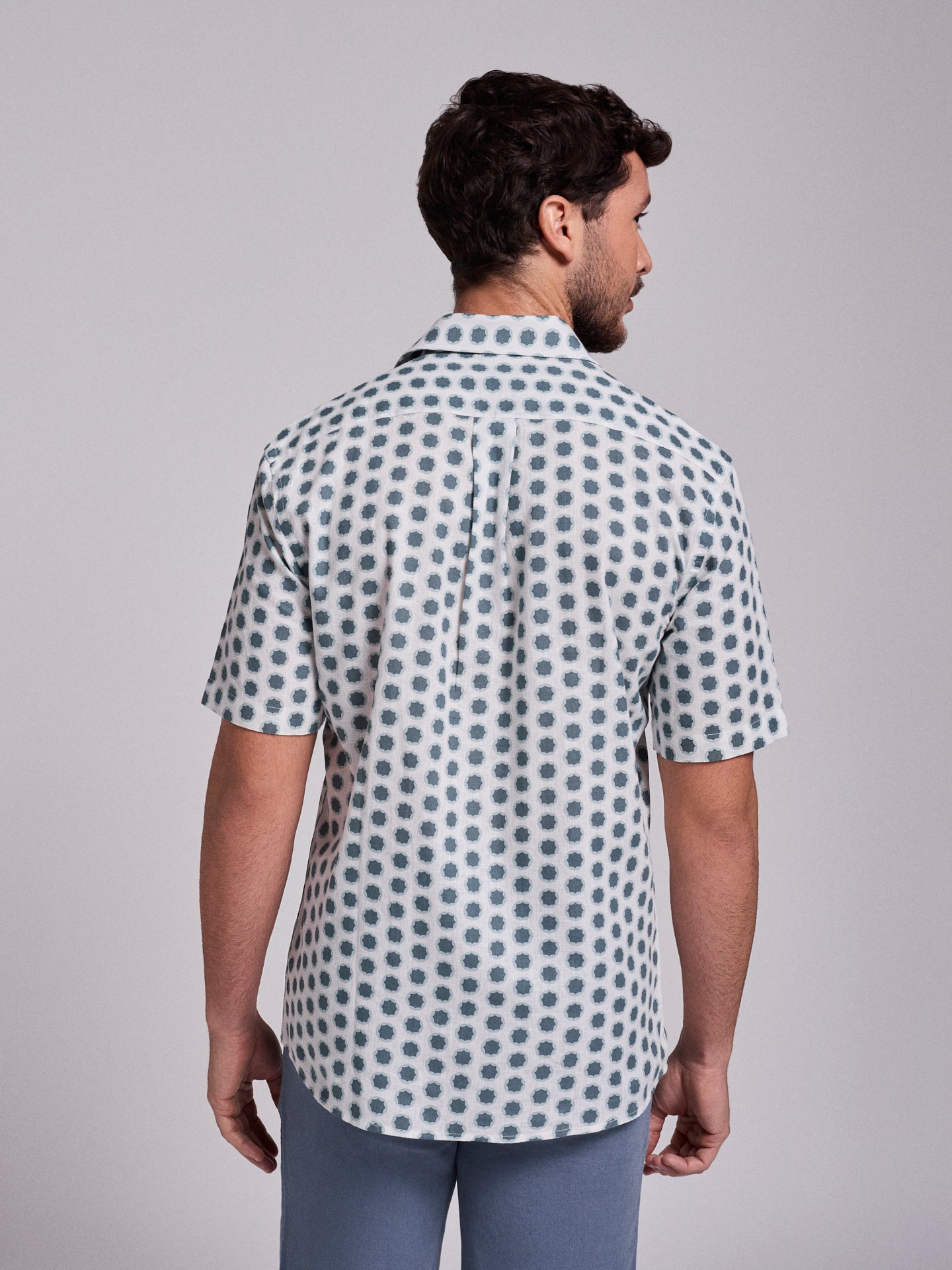 Camisa Linho Azul Manga Curta Regular Fit Mr. Blue