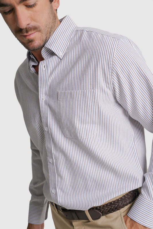 CAMISA TWILL REGULAR FIT BRANCA ÀS RISCAS MR. BLUE
