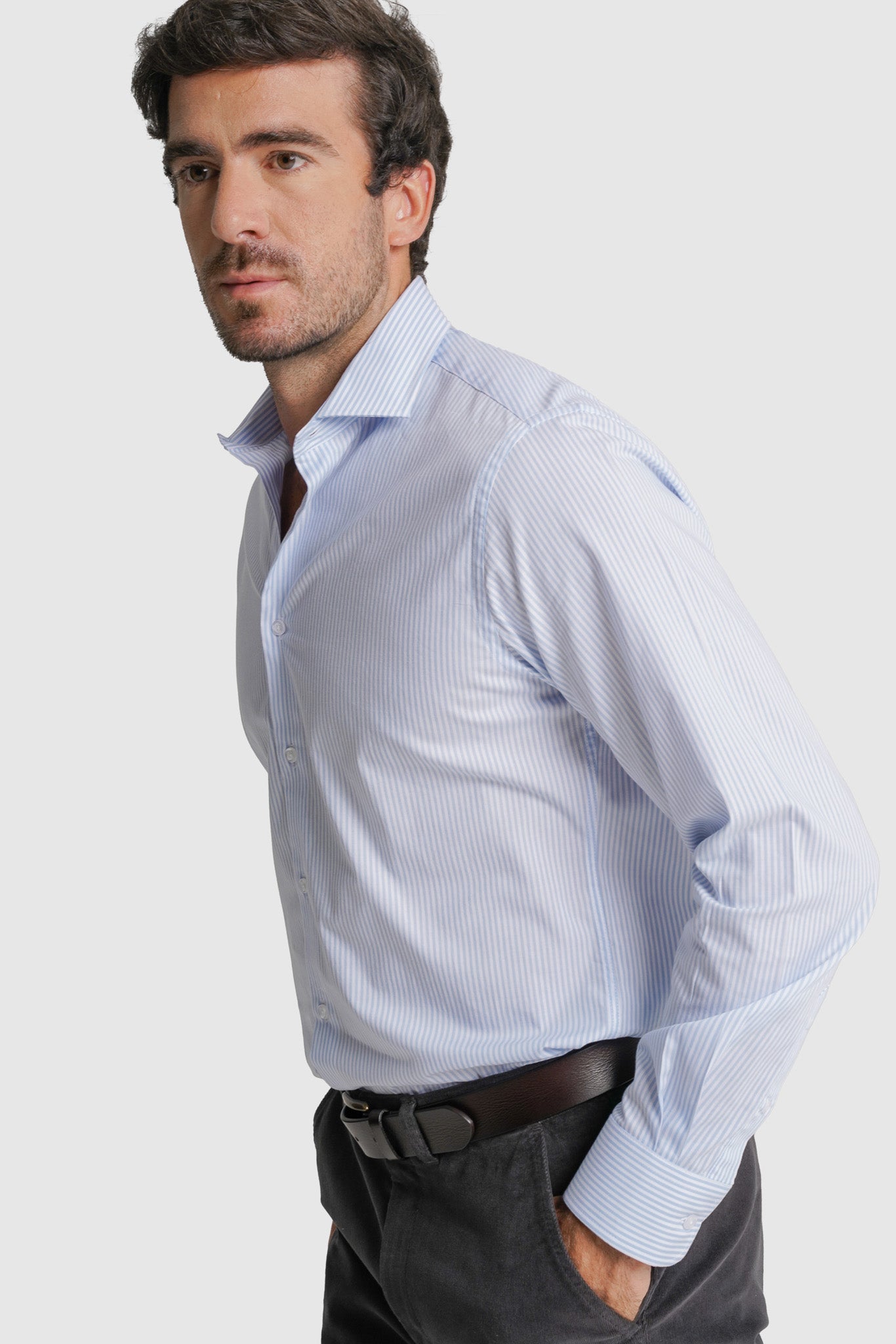 CAMISA ALGODÃO SLIM FIT AZUL ÀS RISCAS MR. BLUE