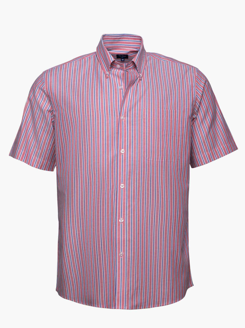 Medium denim blue and red short sleeve shirt with pocket