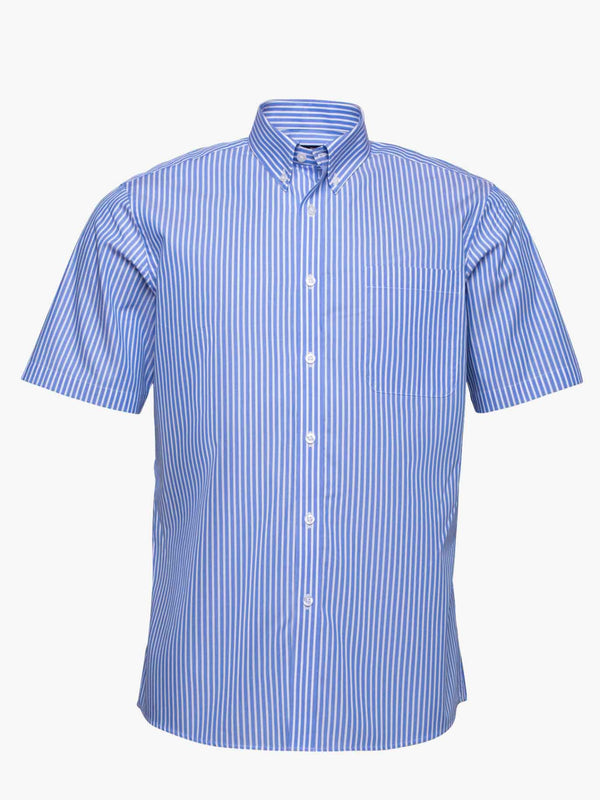Camisa manga curta riscas médias azul denim com bolso