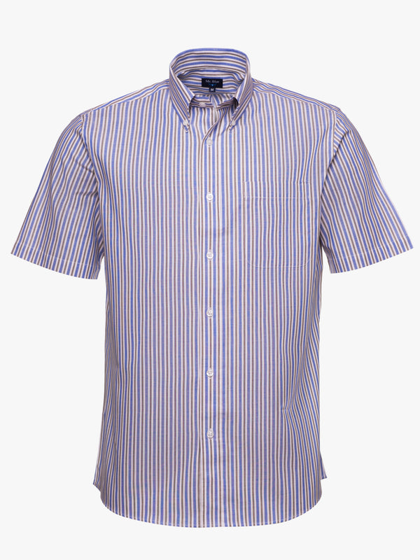 Camisa Oxford manga curta riscas largas azul claro e castanho