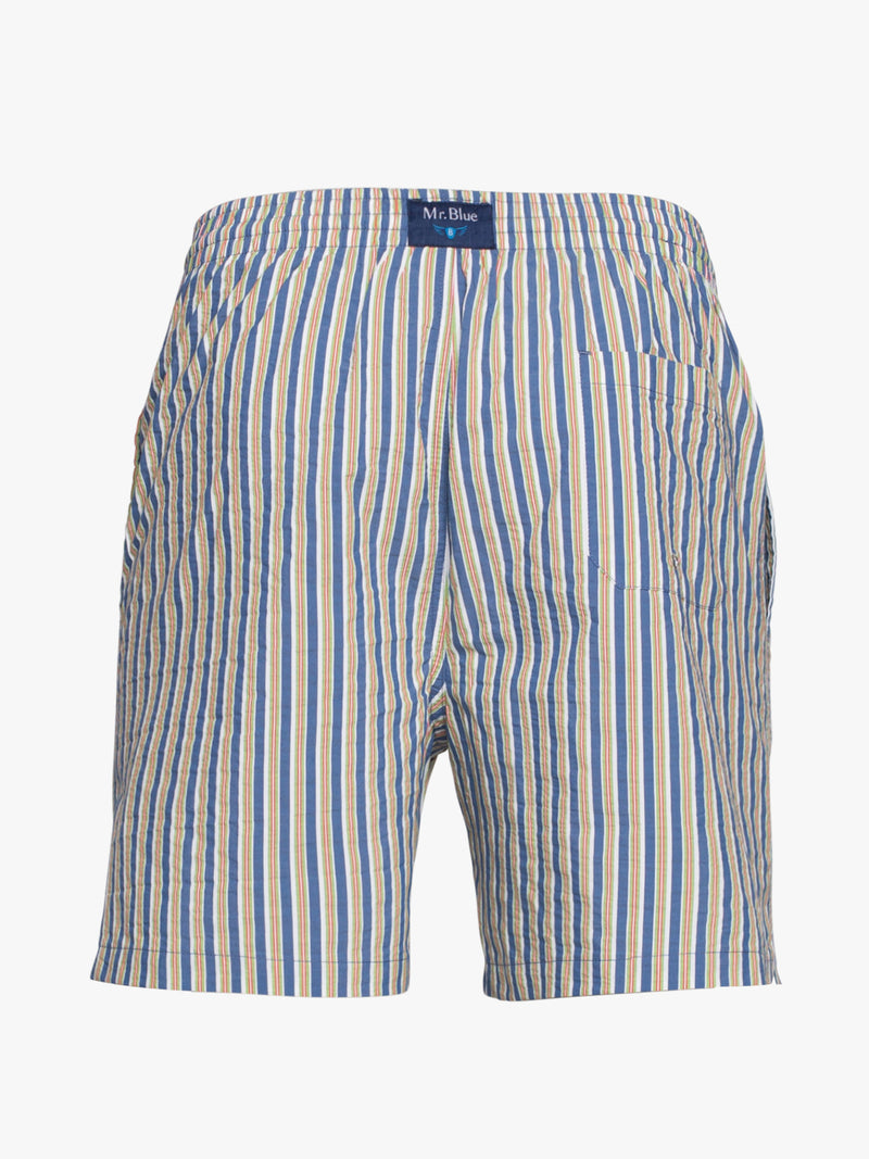 Classic swim shorts with thin dark blue and green stripes