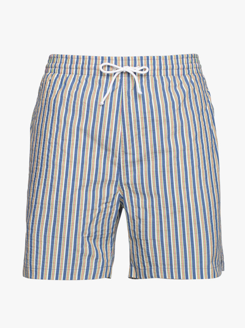 Classic swim shorts with thin dark blue and green stripes