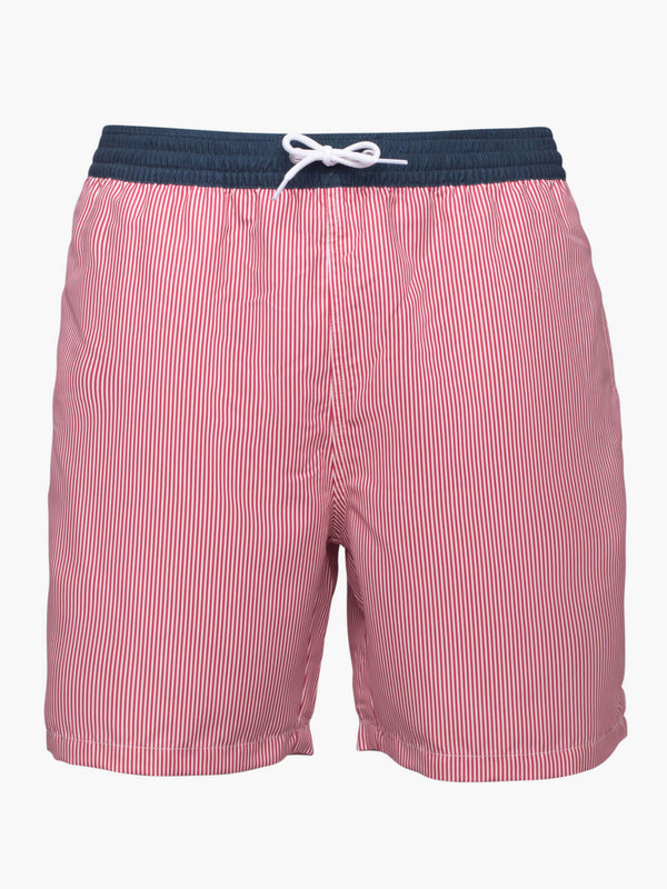 Classic swim shorts with thin red and white stripes