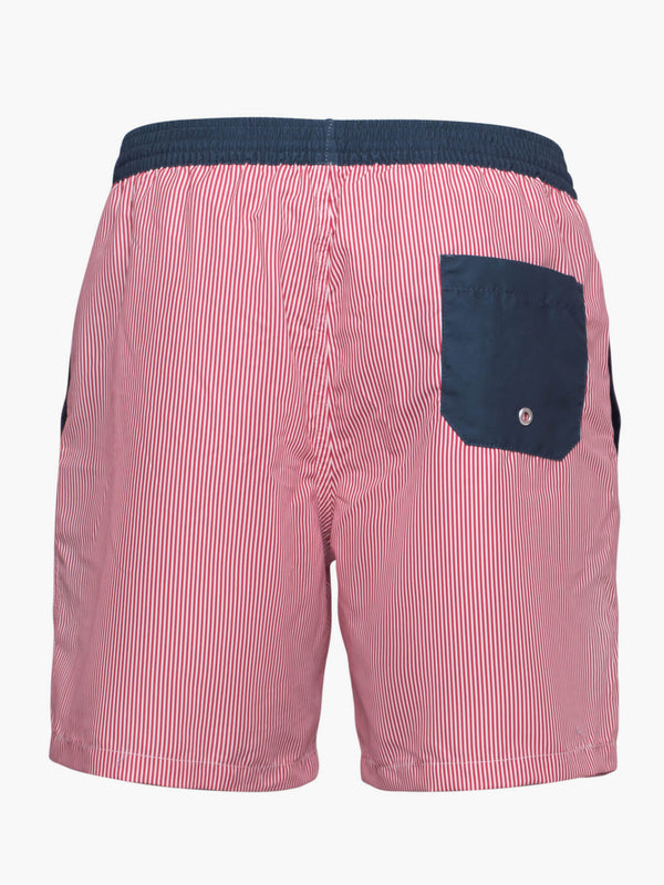 Classic swim shorts with thin red and white stripes