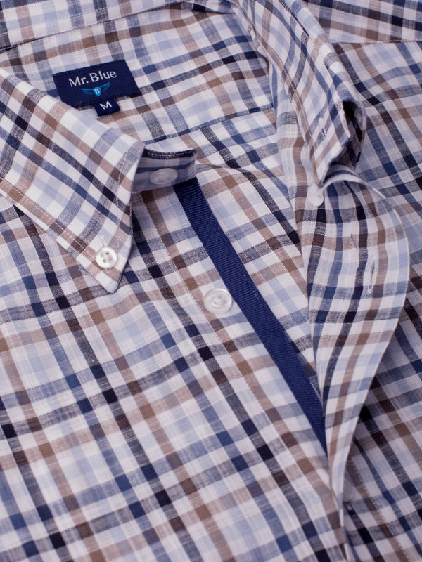 Vichy camel and medium blue short sleeve linen shirt with pocket