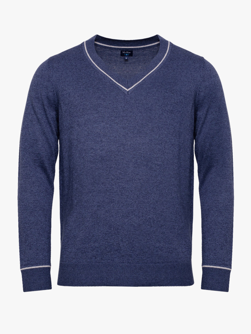 Blue cotton and cashmere V-neck sweater