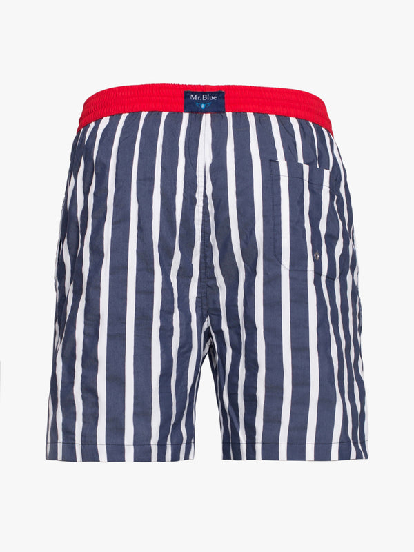 Classic swim shorts with thick white and blue stripes