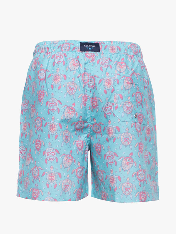 Classic swim shorts with salmon and blue pattern