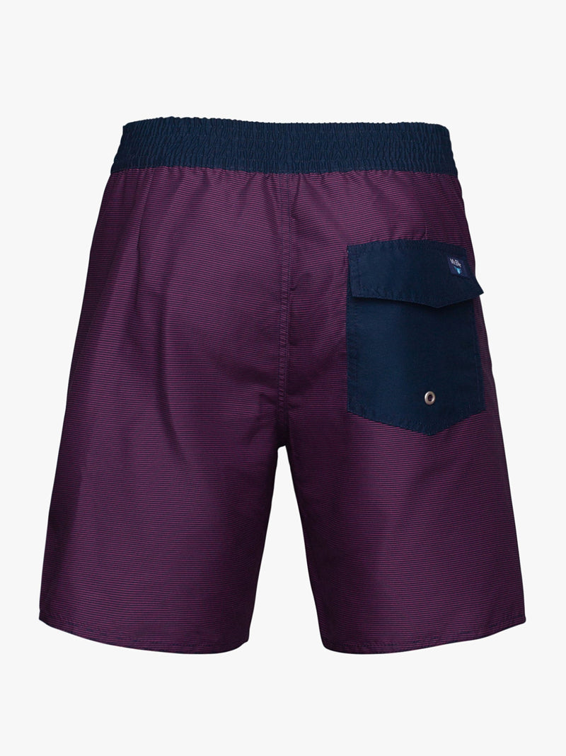 Surfer shorts with burgundy and red fine stripes