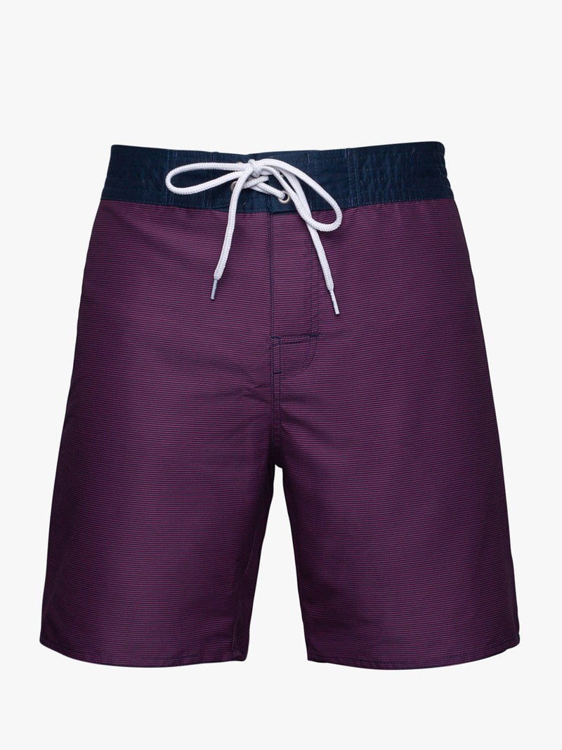 Surfer shorts with burgundy and red fine stripes