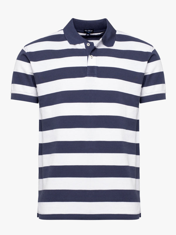Navy Blue and White Striped Piquet Polo