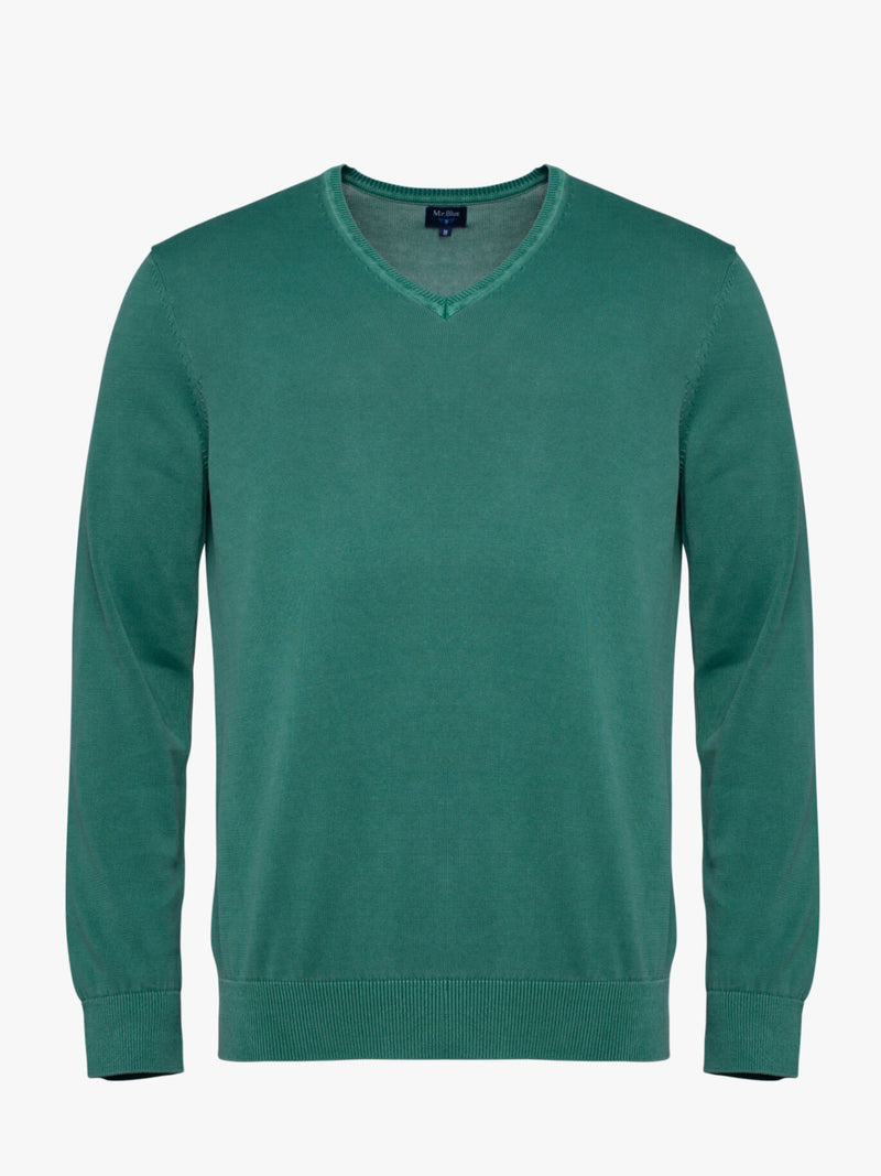 Green cotton V-neck sweater