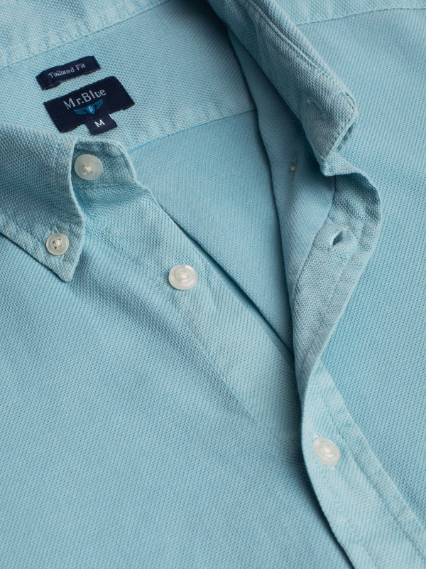 Light blue structured cotton shirt with embroidered logo Regular fit