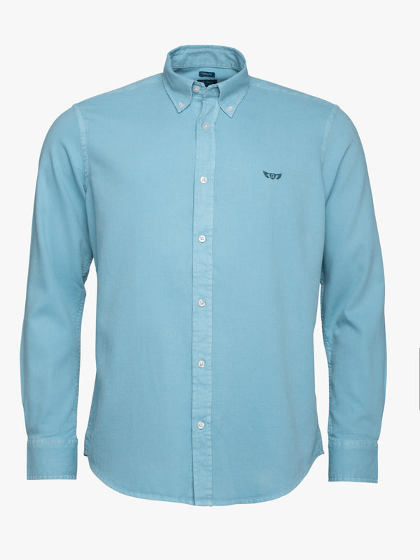 Light blue structured cotton shirt with embroidered logo Regular fit