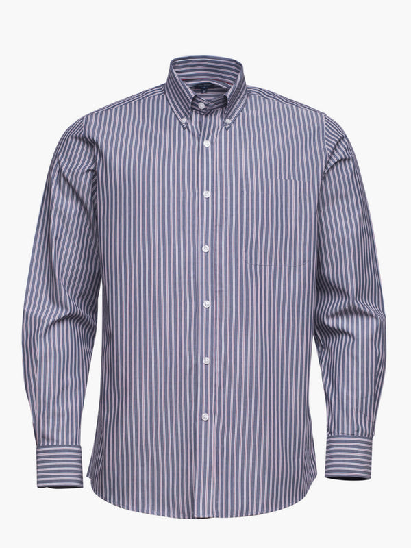 Camisa de algodón a rayas azul oscuro y burdeos con bolsillo