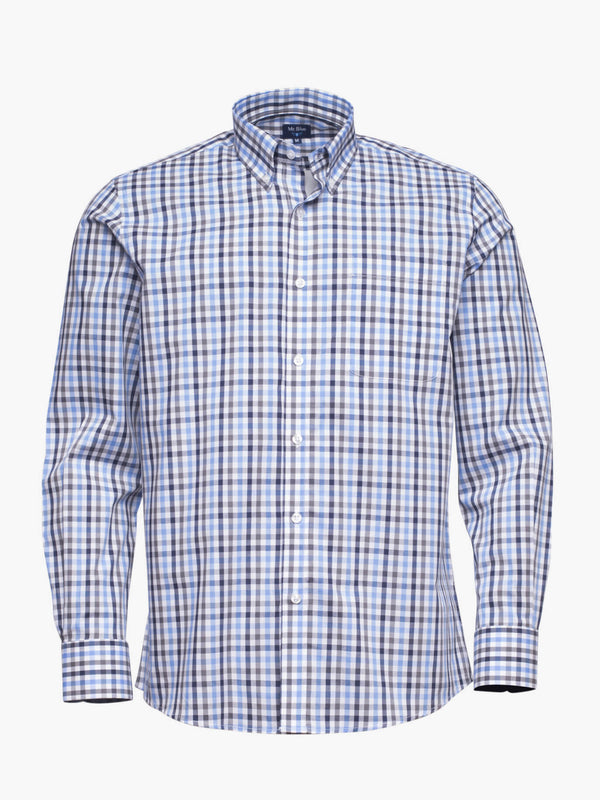Camisa de algodón a cuadros azul claro y oscuro con bolsillo