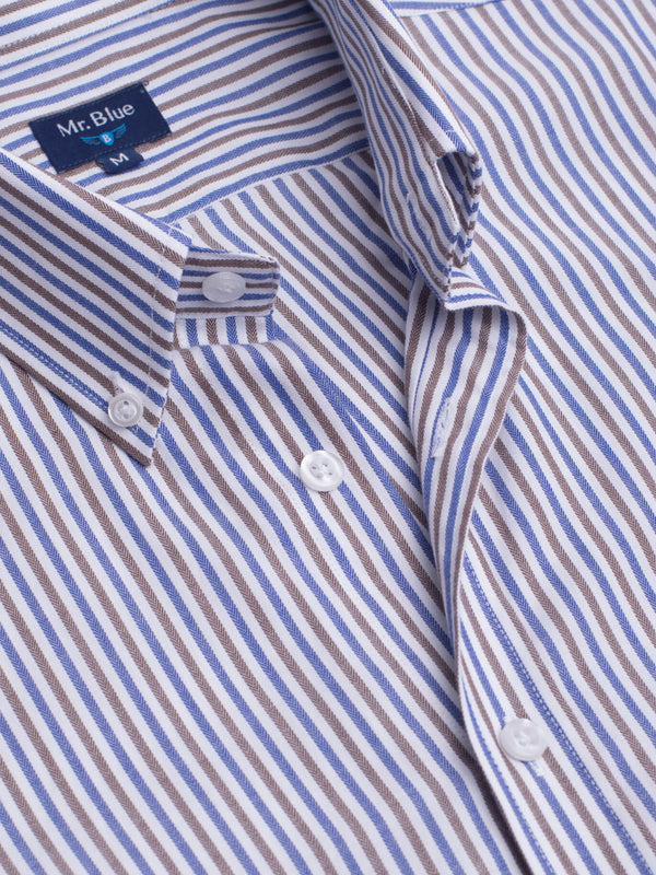 Camisa de algodón a rayas azul y marrón con bolsillo