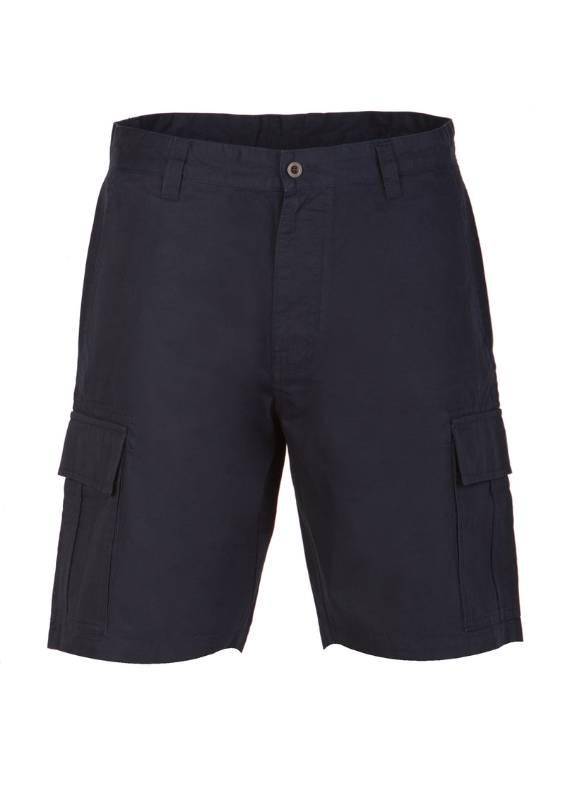 Smooth dark blue cargo shorts.
