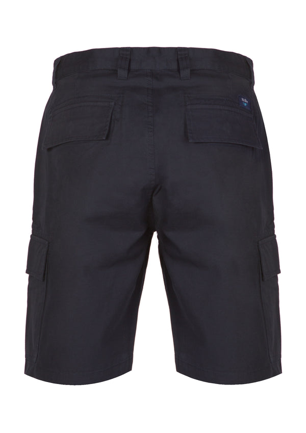 Smooth dark blue cargo shorts.