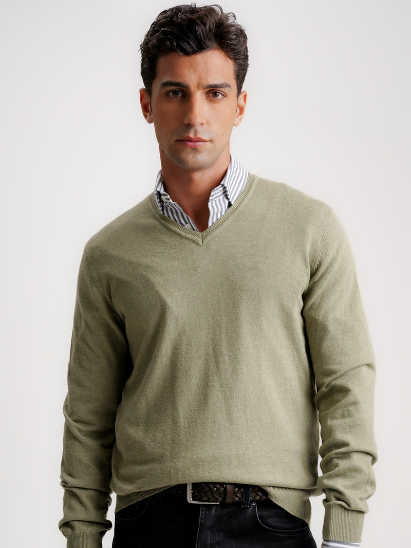 Green Slim Merino Wool Pullover