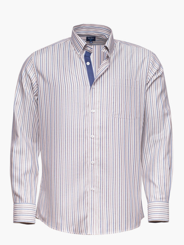 Camisa a rayas de algodón rojo y azul con bolsillo y detalles