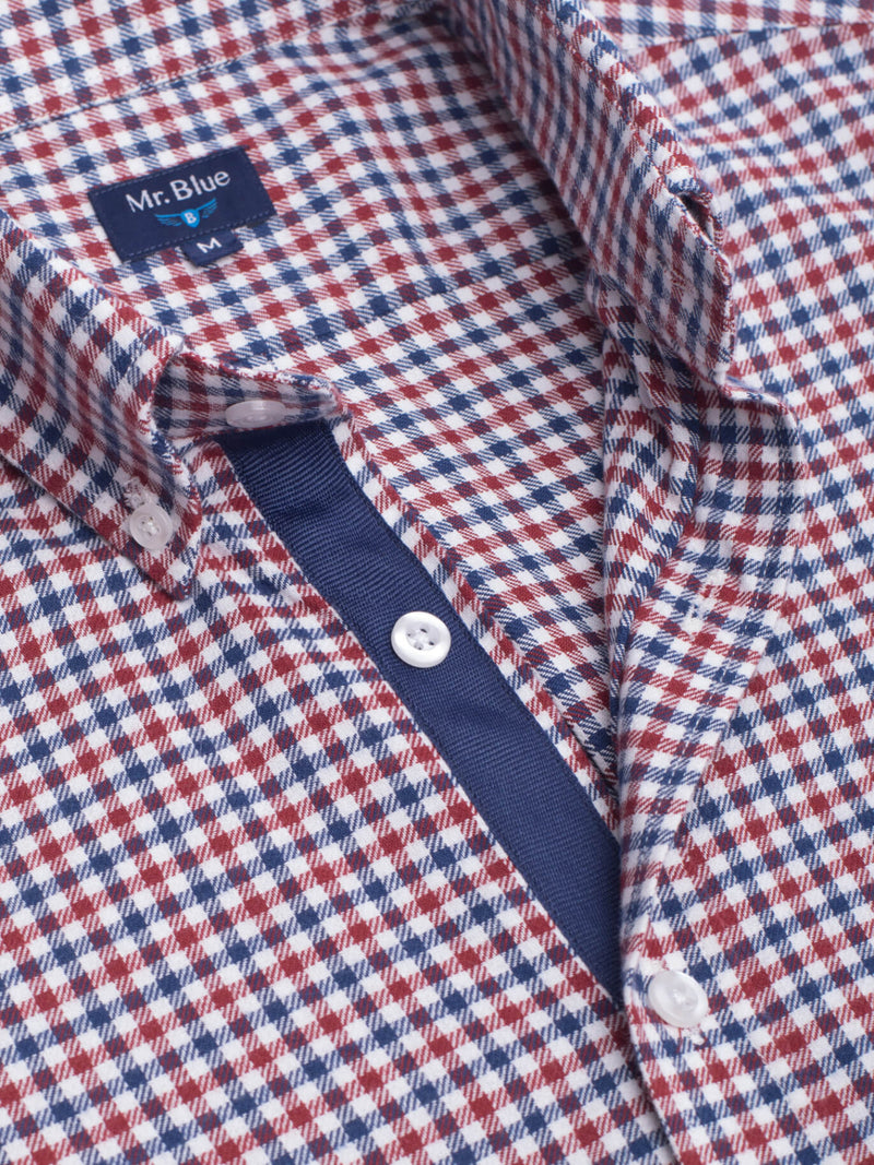 Camisa de Flanela aos quadrados azul escuro e vermelho com bolso e detalhes