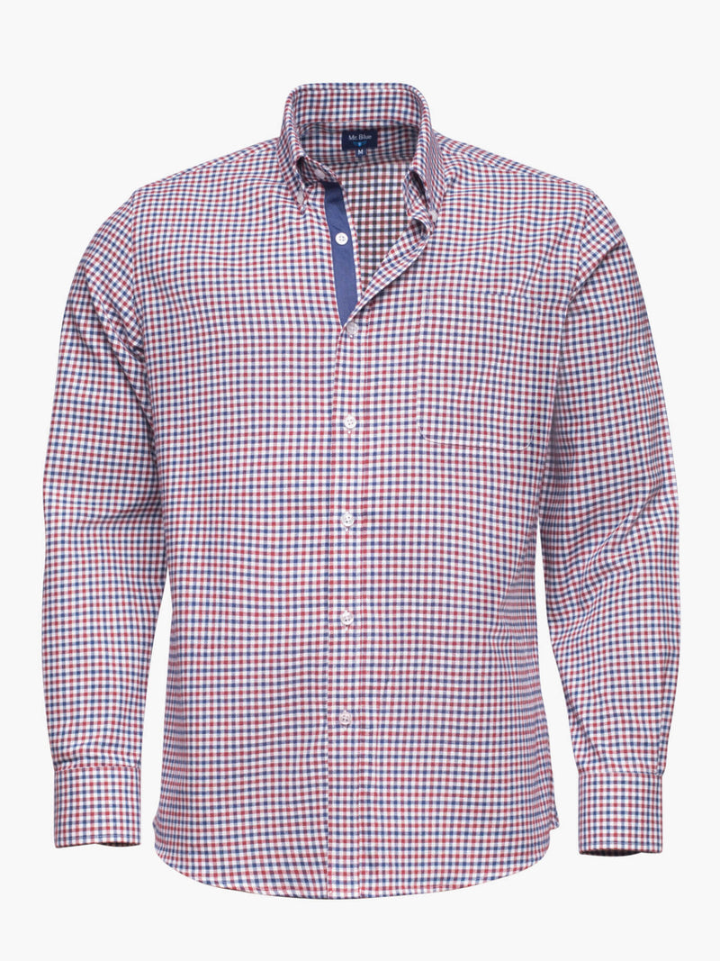 Camisa de Flanela aos quadrados azul escuro e vermelho com bolso e detalhes