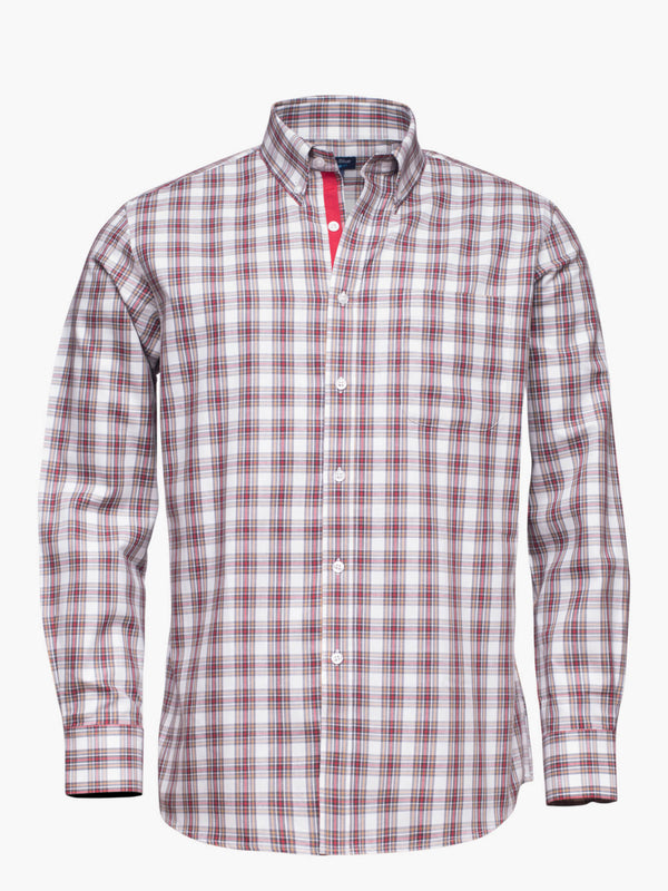 Camisa de algodón a cuadros rojos y marrones con bolsillo y detalles