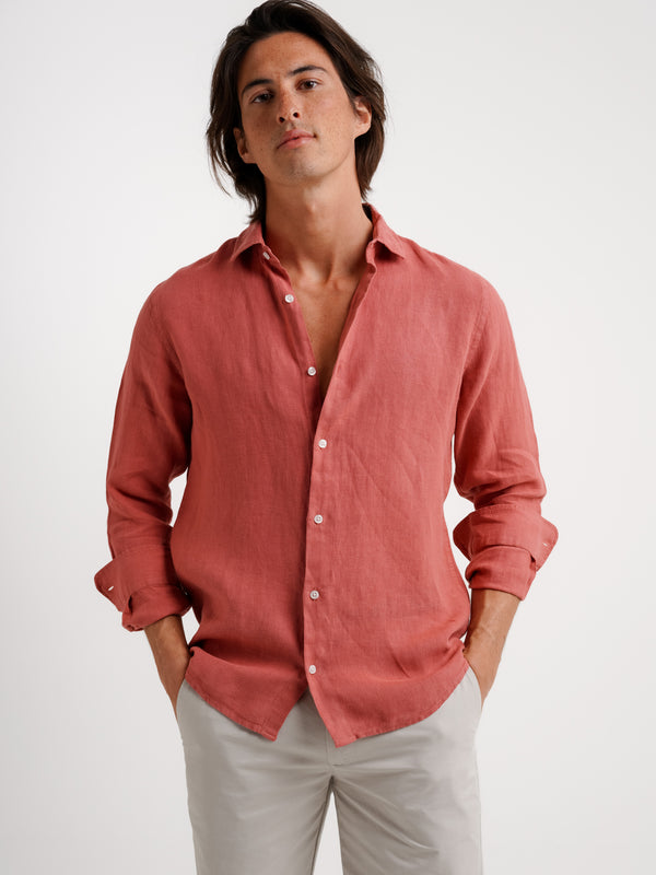 Tailored Fit Linene Pink Shirt