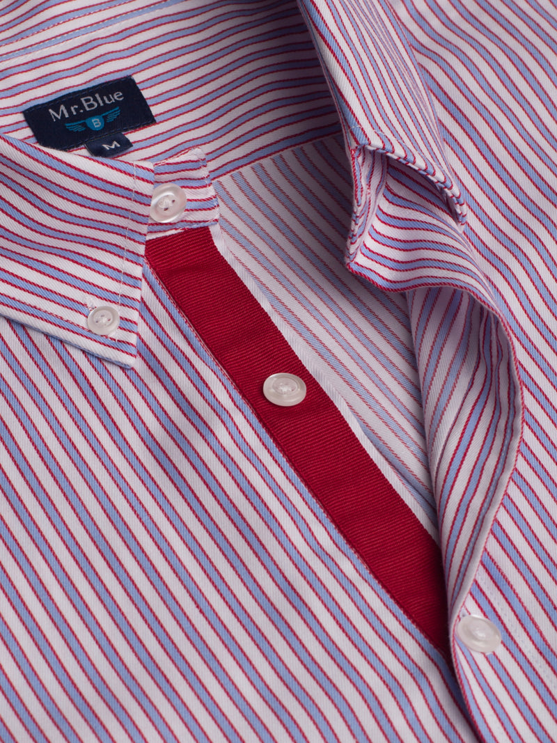 Red and white striped cotton shirt with embroidered logo and details