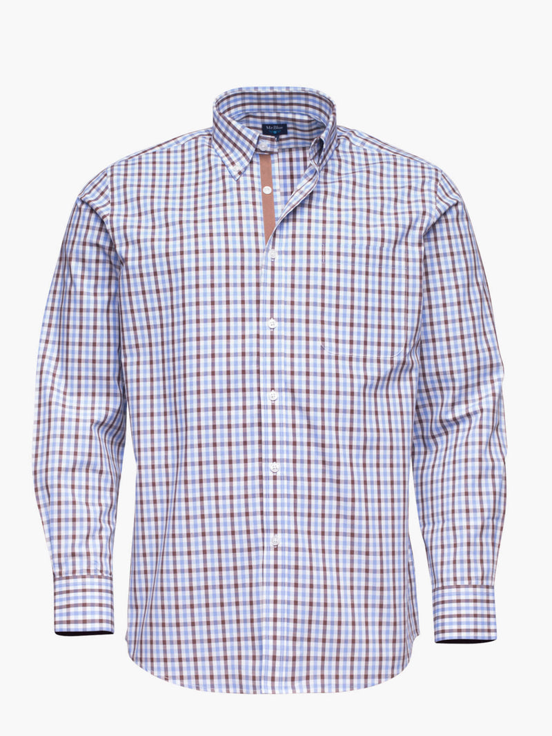 Light blue and brown cotton check shirt with pocket and details