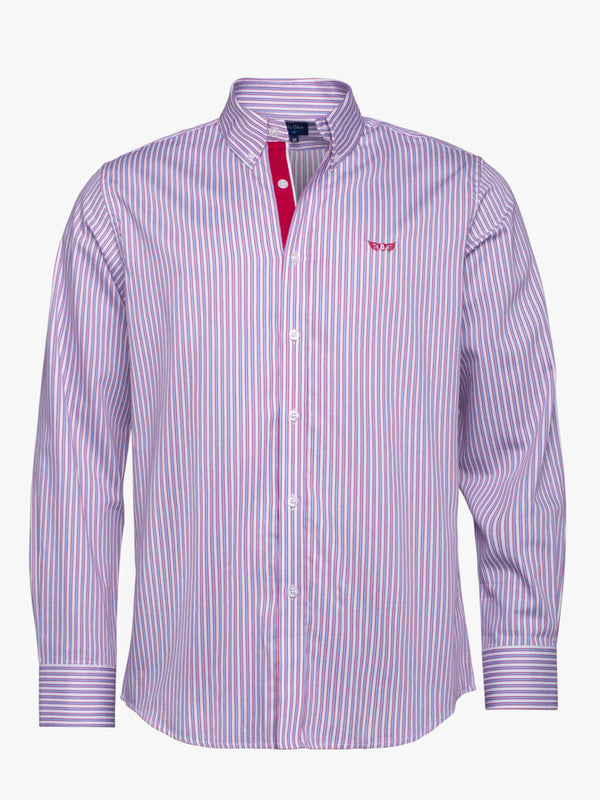 Red and white striped cotton shirt with embroidered logo and details