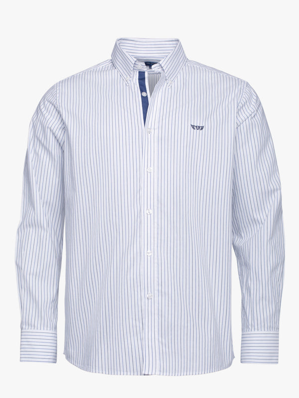 Black and white striped Oxford cotton shirt with embroidered logo and details