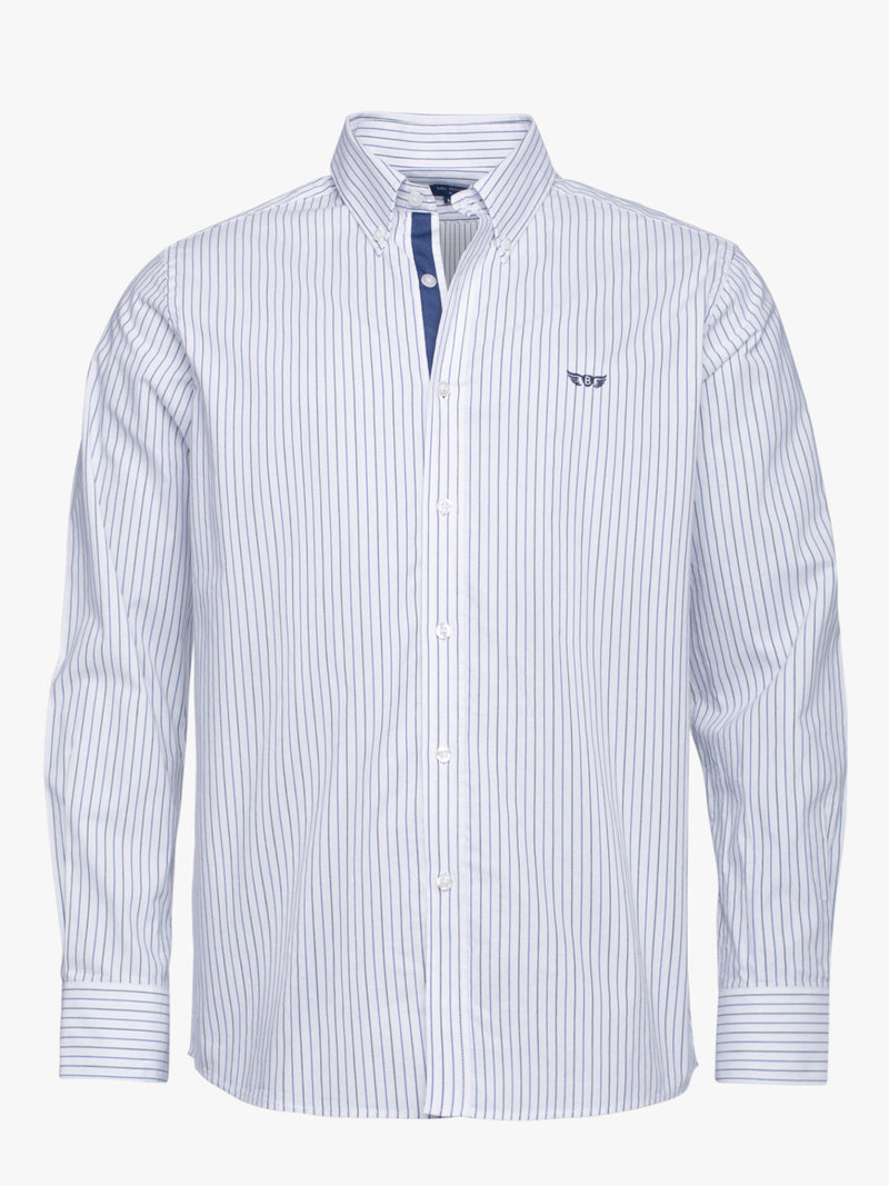 Black and white striped Oxford cotton shirt with embroidered logo and details