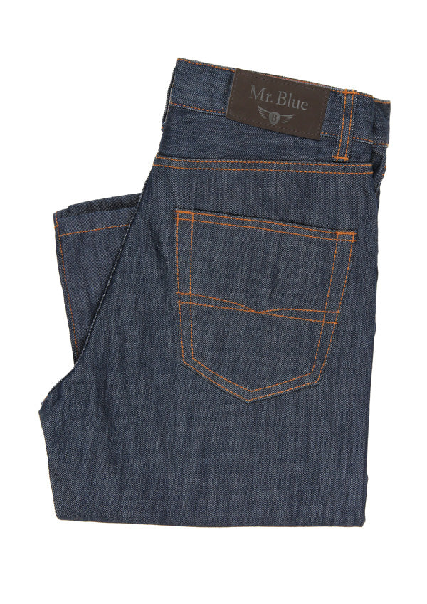 Dark blue stone wash jeans with a high waist