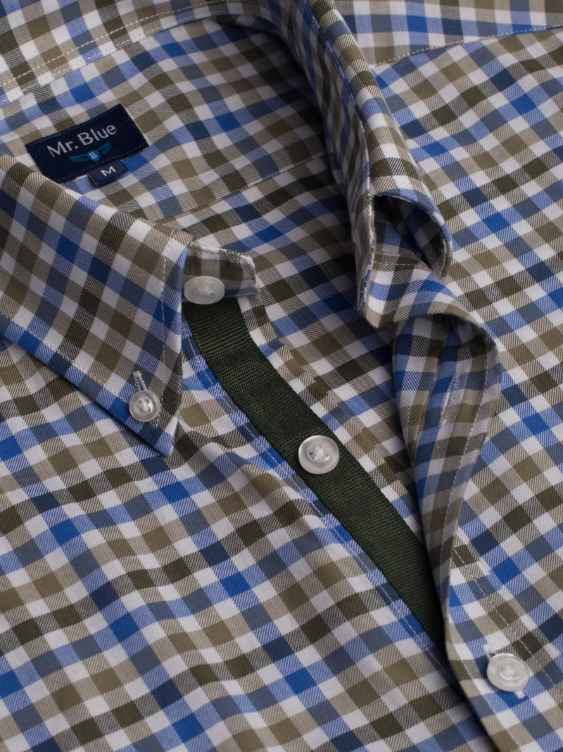 Green and white checkered cotton shirt with embroidered logo and details