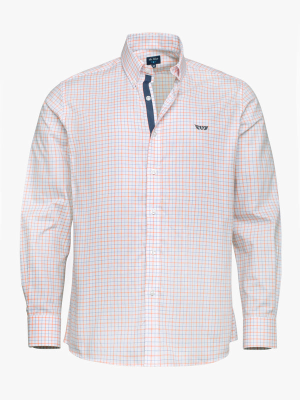 Camisa algodão Oxford aos quadrados branco e vermelho com logo bordado e detalhes